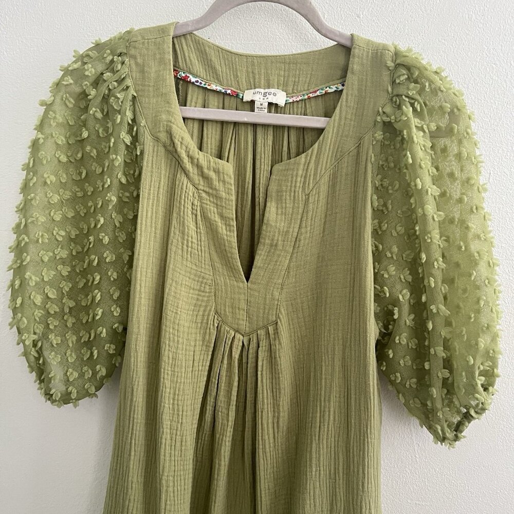 NEW Umgee Olive Green Mini Dress Puff Sleeve Swiss Dot MEDIUM Boho - Picture 7 of 15